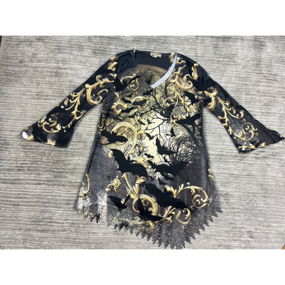 One World Tunic Women M Black Bat Spiderweb Baroque Lace Sharkbite Goth Top